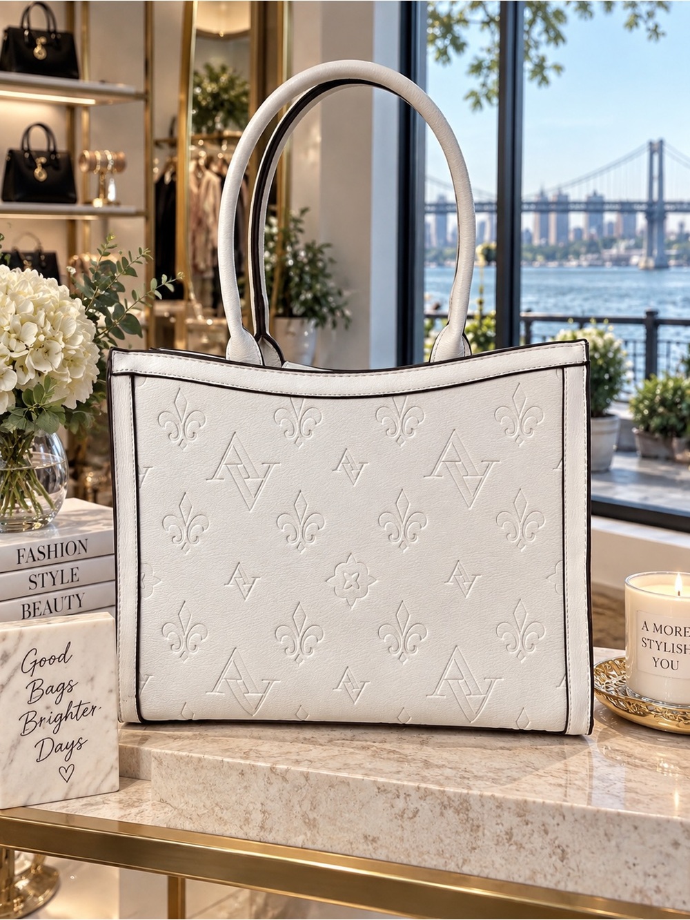 Adrienne Vittadini White Embossed Tote with Black Trim NWT
